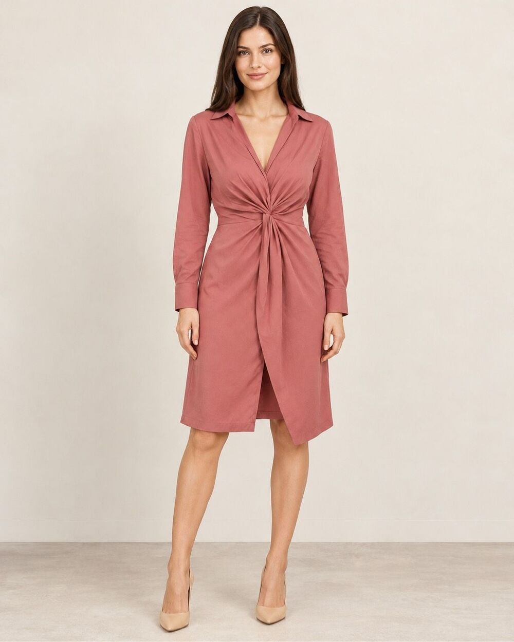 Byron Lars Dusty Rose Twist Knot Shirt Dress Draped Midi Career Size 10